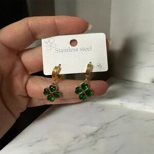 Gold Stainless Steel Earrings with Green Clover Charms